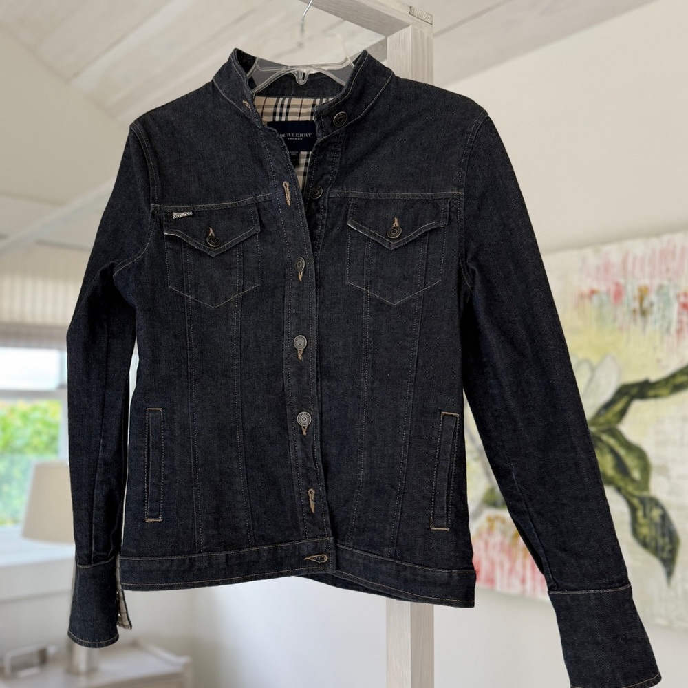 Burberry London denim with Nova check pattern and blue jean buttons. Size 8.